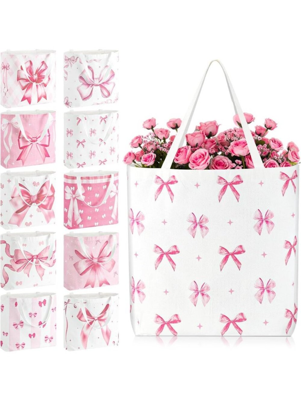 10 Pink Bow Canvas Tote Bags - Reusable Gift Bags for Shopping & Events
